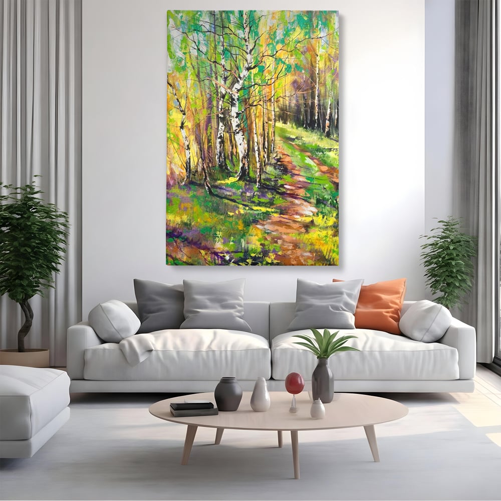Tablou canvas cu tablou canvas cu padure si mesteacani, fara rama, pe sasiu de lemn, pe perete intr-un living